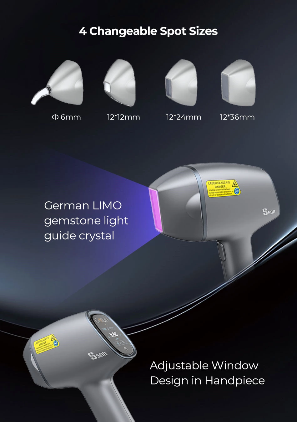 4 Changeable Spot Sizes  German LIMO gemstone Light  Adjustable Window Design in Handpiece